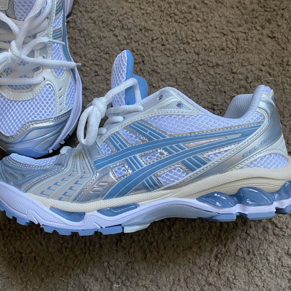 ASICS Gel Kayano 14 Women’s White and Light Blue Metallic Running Shoes